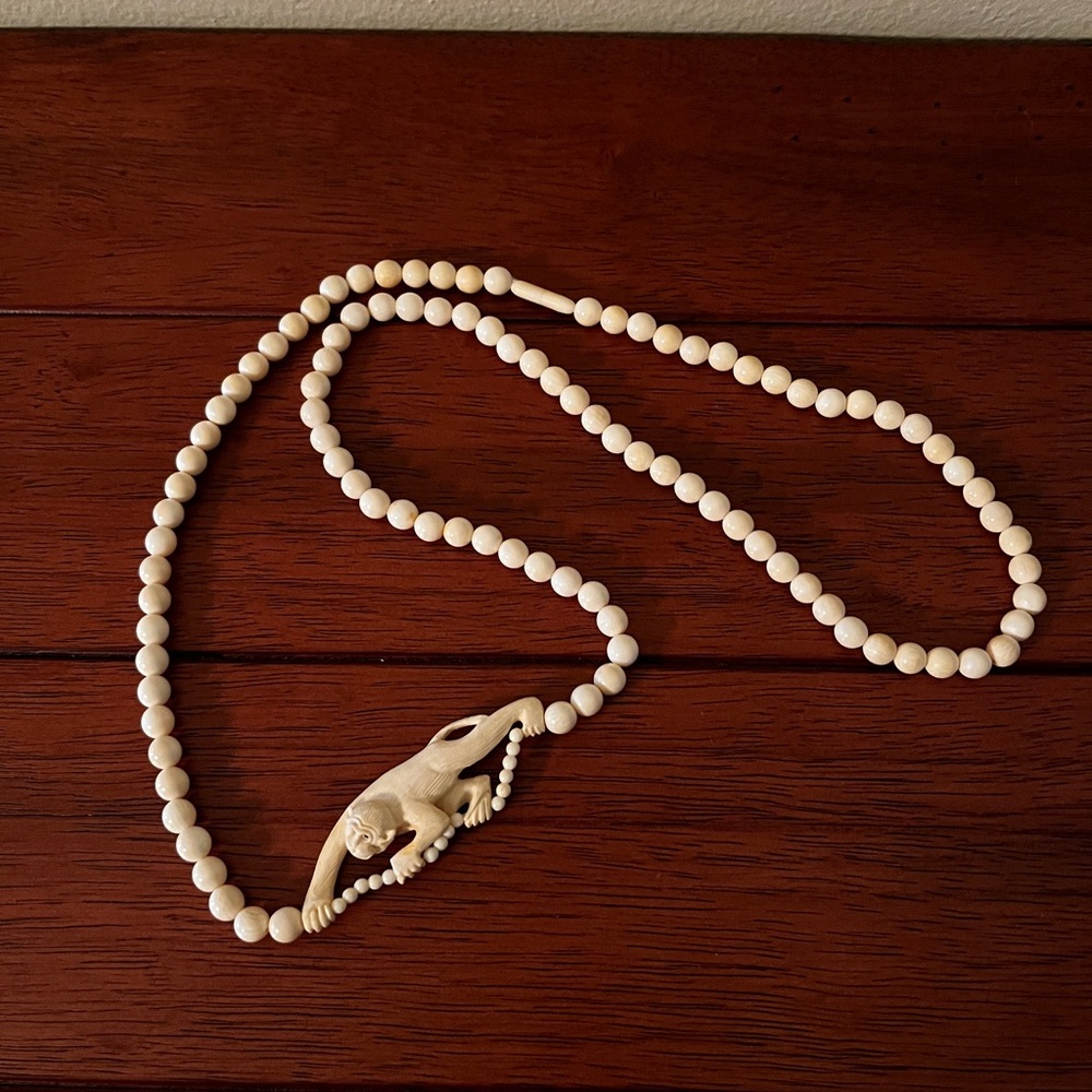 Vintage Genuine Ivory Climbing Monkey Necklace